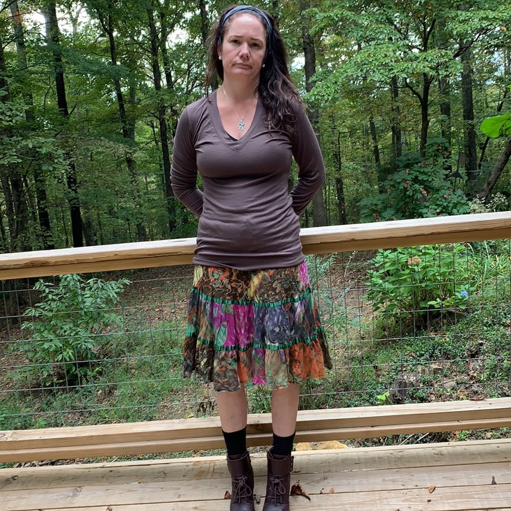 Boho knee length skirt and grey/brown shirt m